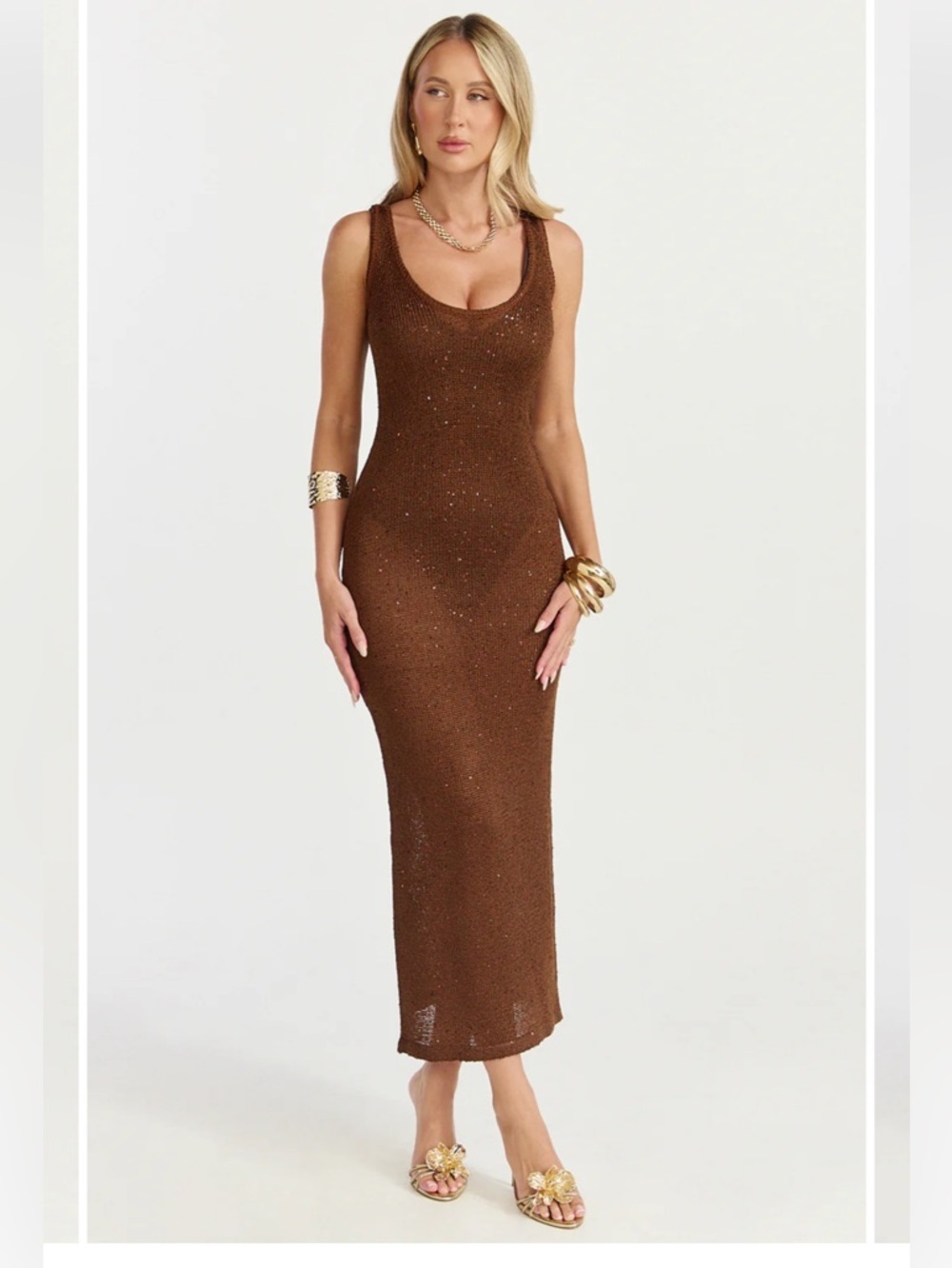 Showpo Jenna Maxi Dress Scoop Neck Sleeveless Sequin Knit Dress In Chocolate - Picture 2 of 12